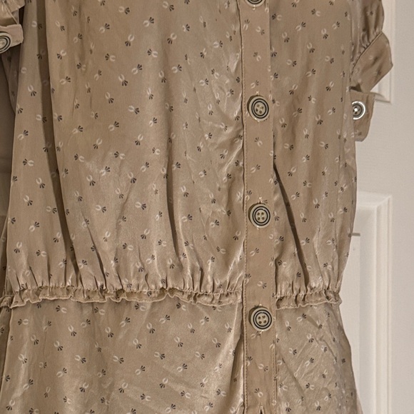 Silk Neutral Button-Up Blouse with Ruffle - Picture 7 of 9